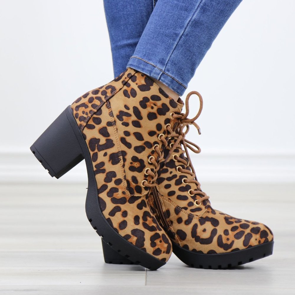 Lace-Up Lug Chunky Block High Heel Ankle Boots Leopard Faux Suede - Picture 7 of 12